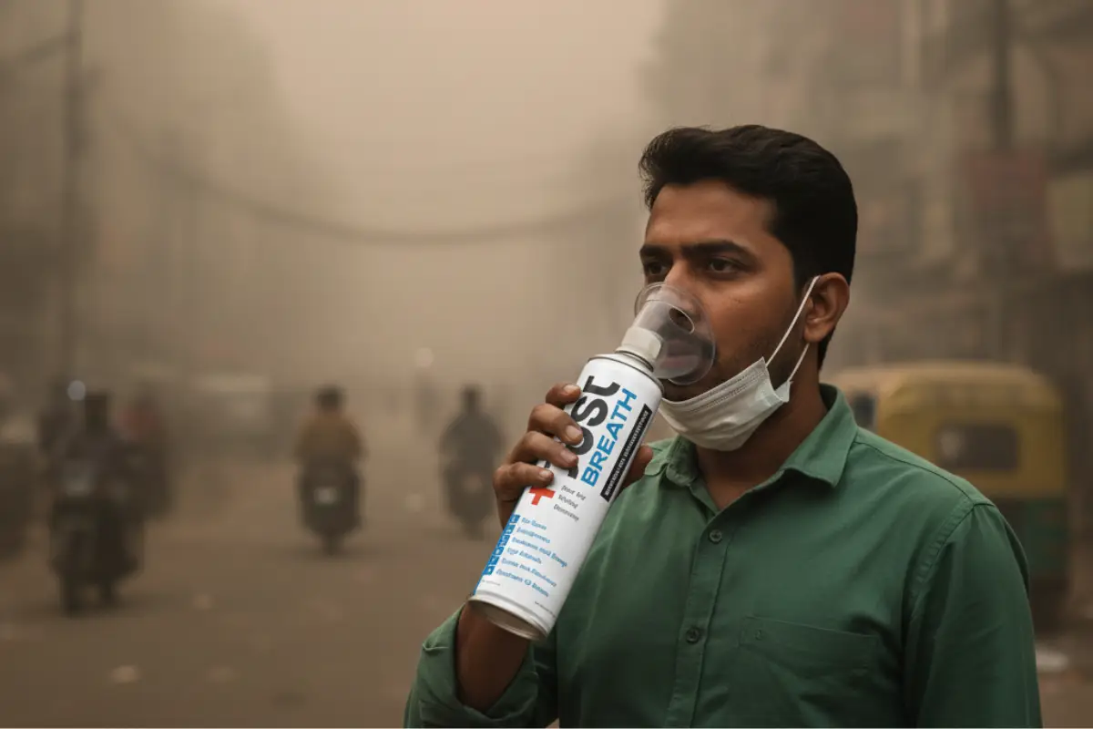 Slim portable oxygen can with push-button nozzle, designed for quick oxygen intake