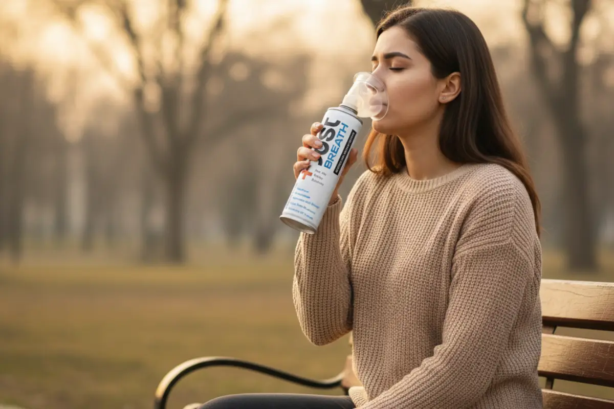 Handheld oxygen can standing upright on a white background