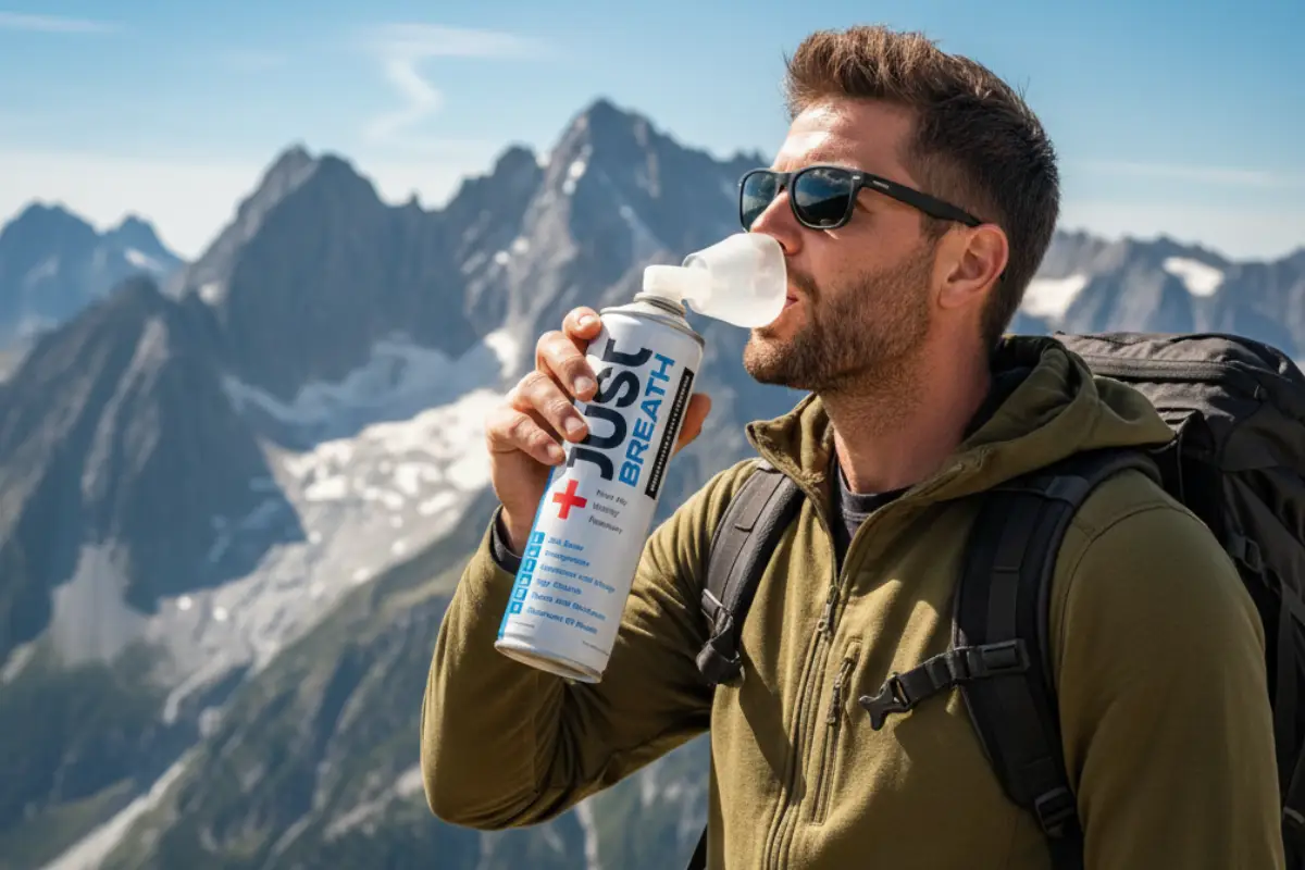 Portable oxygen can with blue label and compact aluminum design