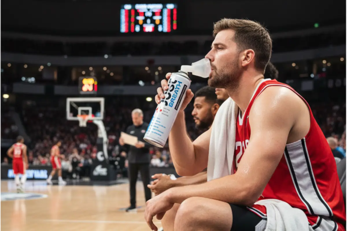 Small portable oxygen can designed for easy carrying.