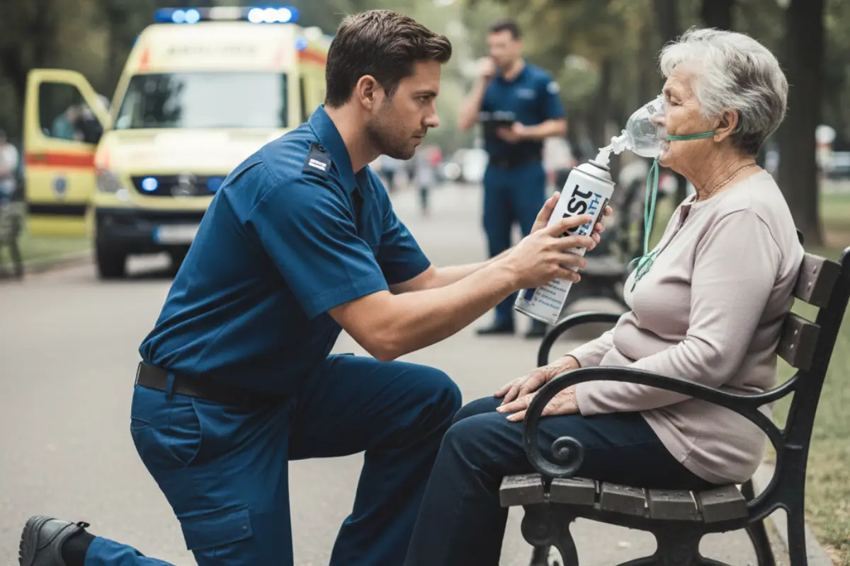 Aluminum portable oxygen canister with clear labeling and ergonomic shape.