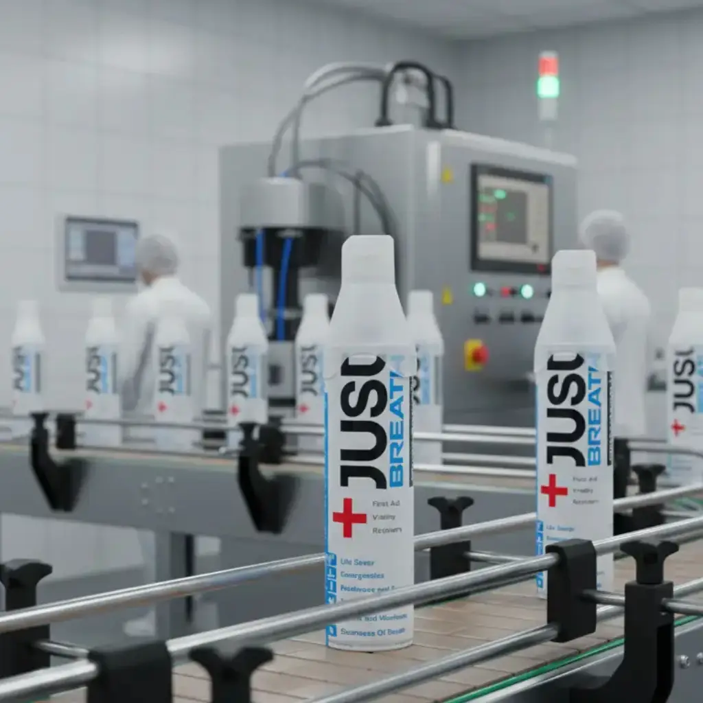 Just breath oxygen inhaler canister on a modern manufacturing conveyor belt within a clean, high-tech industrial facility.